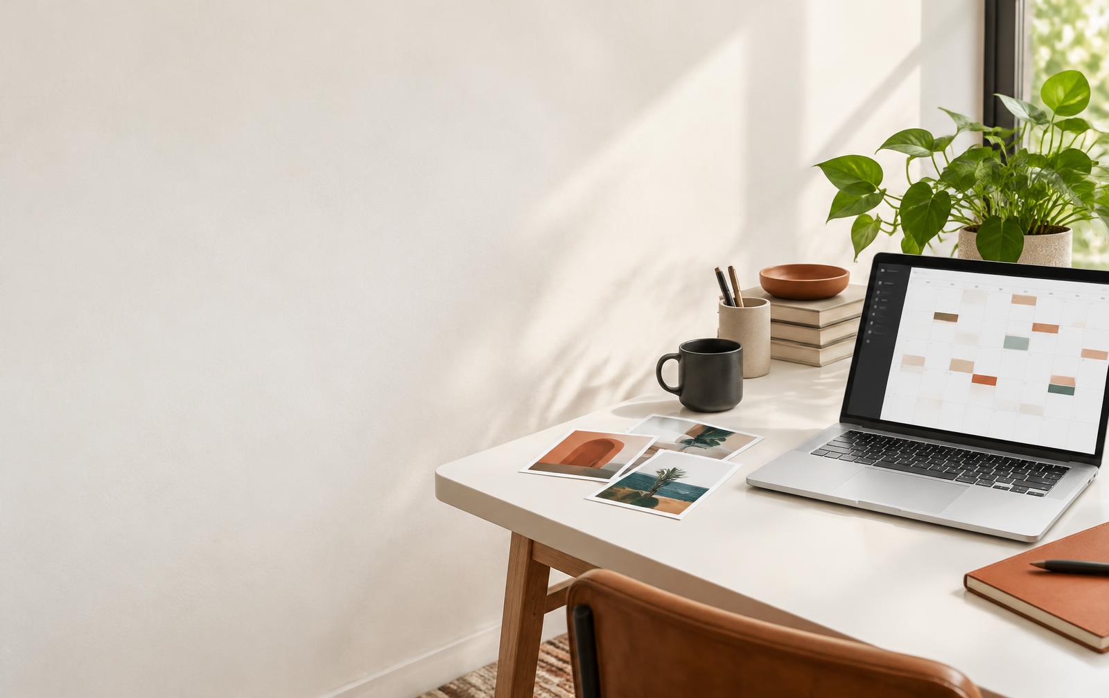 A bright workspace with a laptop and editorial prints